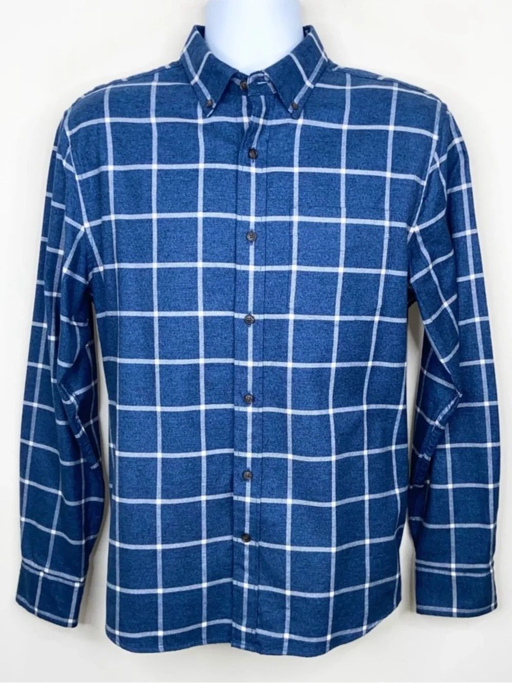 BR M Navy White Window Pane Plaid Ultra Soft Untucked Slim Fit Flannel Shirt